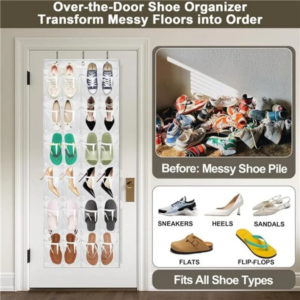 Over Door Shoe Organizer 24 Pocket Clear Hanging Storage Closet White